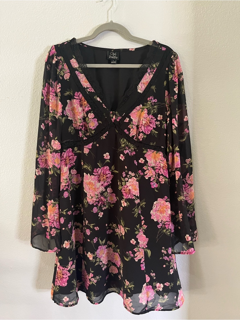 Sheer Black Floral V-Neck Tunic with Pink Blooms